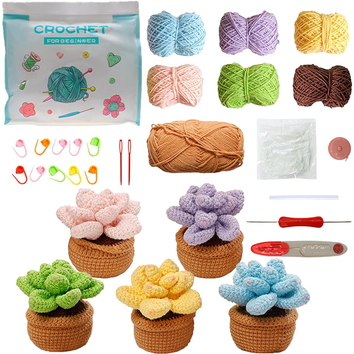 Foeipy Crochet Kit Crochet Plants Handmade Artificial Plants Crochet Succulents Knit Learning Kit for Adults Beginners Bedroom Decoration Gift for Family and Friends