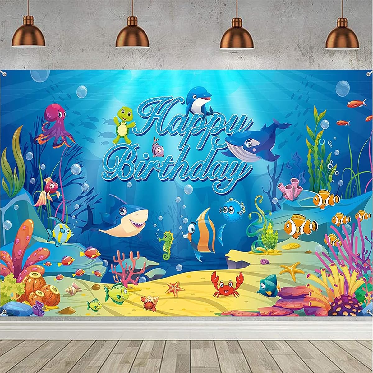 Shark Theme Happy Birthday Backdrop Banner,Under The Sea Background Ocean Animal Theme Birthday Photo Background for Kids Dolphin Shark Birthday Party Decorations 72.8 x 43.3 Inch