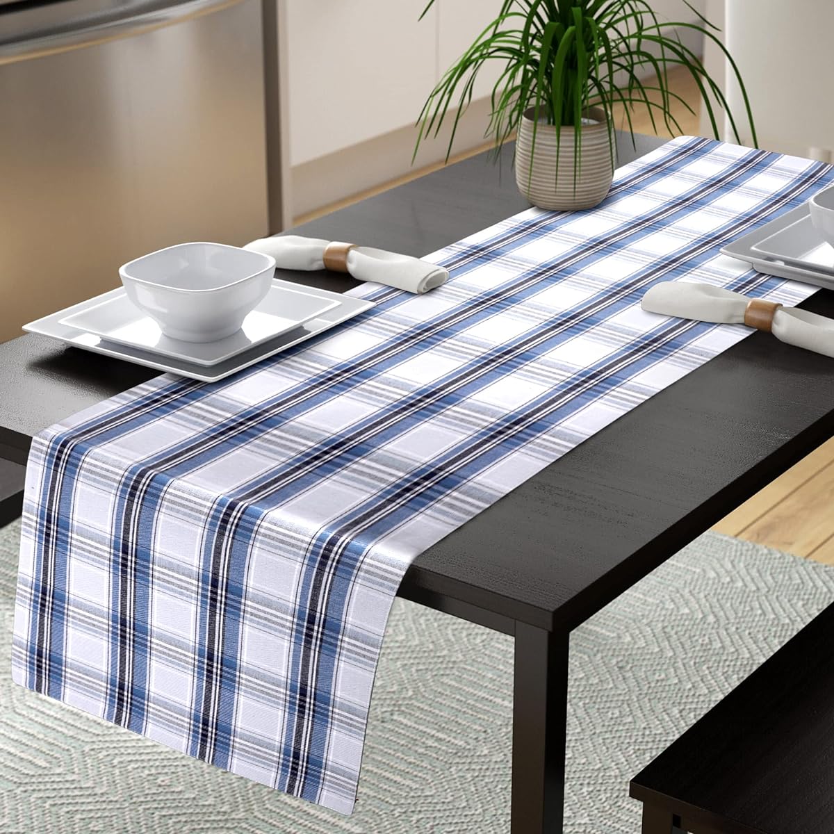 Urban Villa Christmas Table Runner Snow Blue Color Check Plaid Woven Table Runner 100% Cotton Fused Table Runner, 14" x 72" Oversized Heavy Quality Table Runner 14" x 72" Snow Blue Check