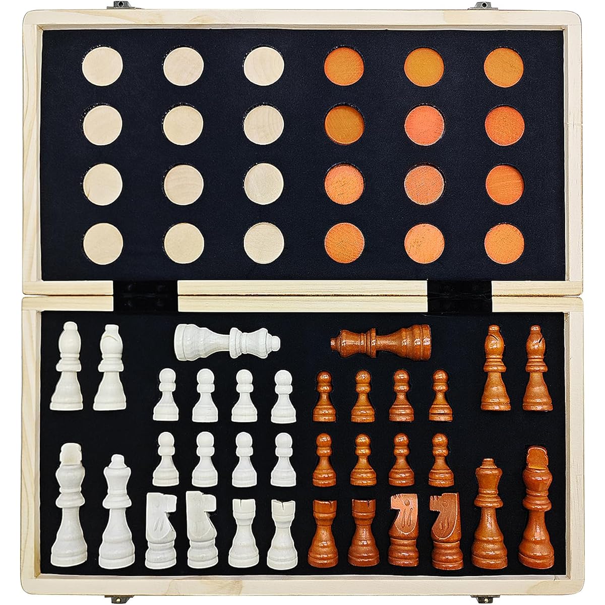 Magnetic Wooden Chess and Checkers Game Set, Portable Foldable 15" Chess Board Game, Beginner Chess Set with 2 Extra Queen Pieces for Kids, Adults, Travel