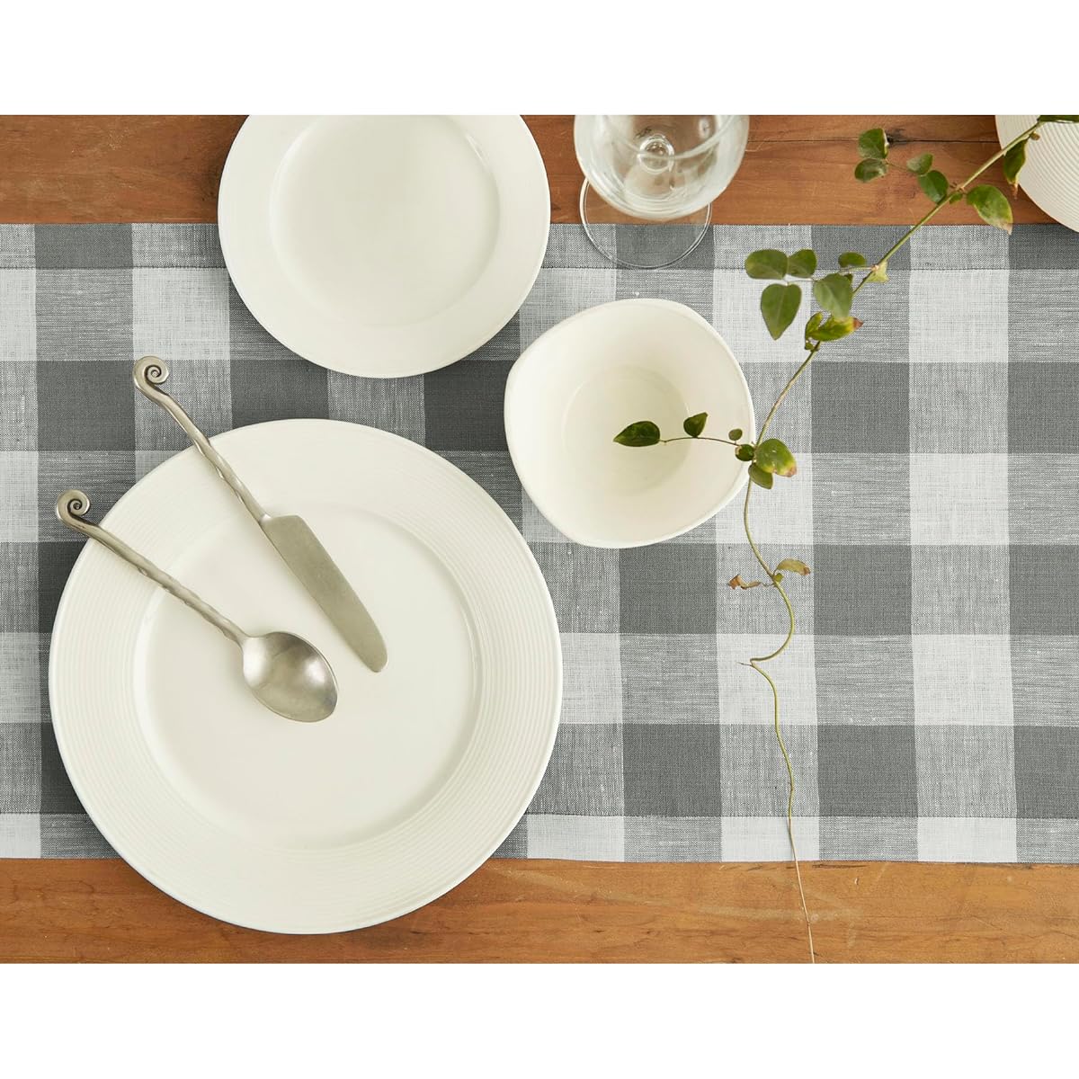 Solino Home Buffalo Check Fall Table Runner - 14 x 120 inches long Gray and White - European Flax 100% Pure Linen Plaid Table Runner - Handmade and Machine Washable