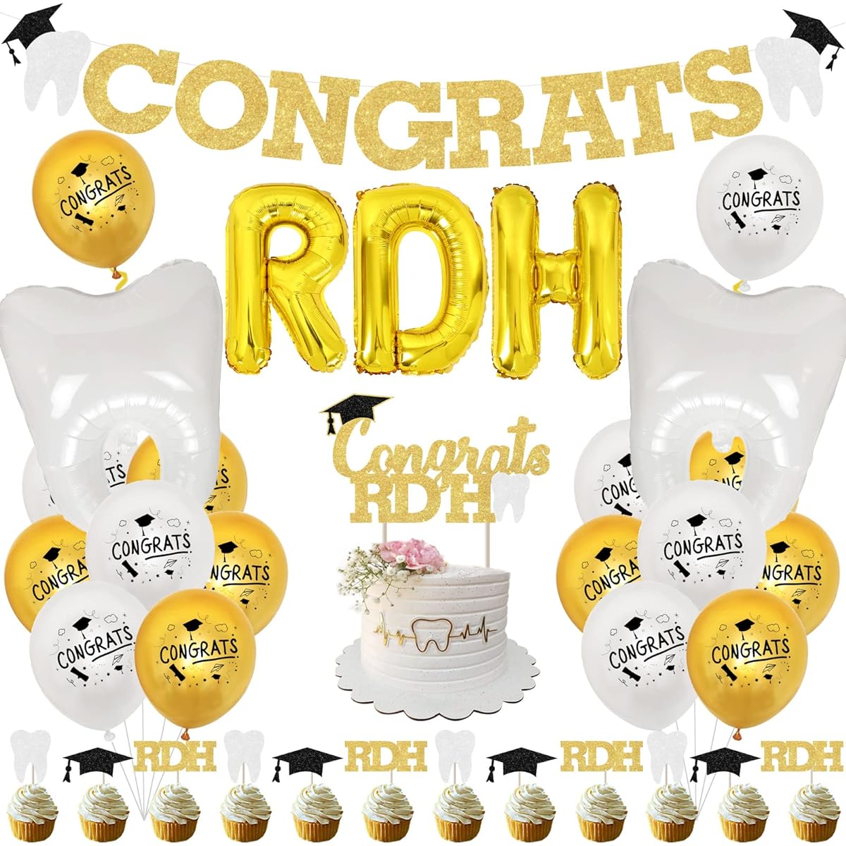 Dentist Graduation Party Decorations, Congrats RDH Dental Graduation Decorations Kit 2023 - Congrats Glitter Banner, RDH Balloon Banner, Congrats RDH Cake Cupcake Toppers for Dental Student Graduation Party