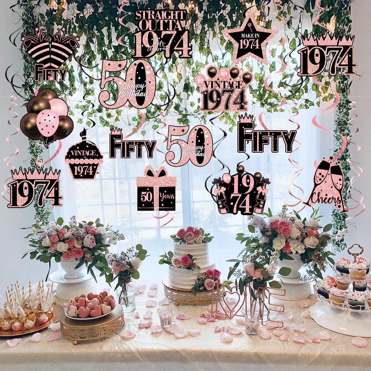 50th Birthday Decorations for Women, 45 Pieces Happy 50 Birthday Party Supplies, 1974 50th Birthday Hanging Swirls, Pink Hanging Party Streamer Decorations, 50th Birthday Ceiling Party Favors
