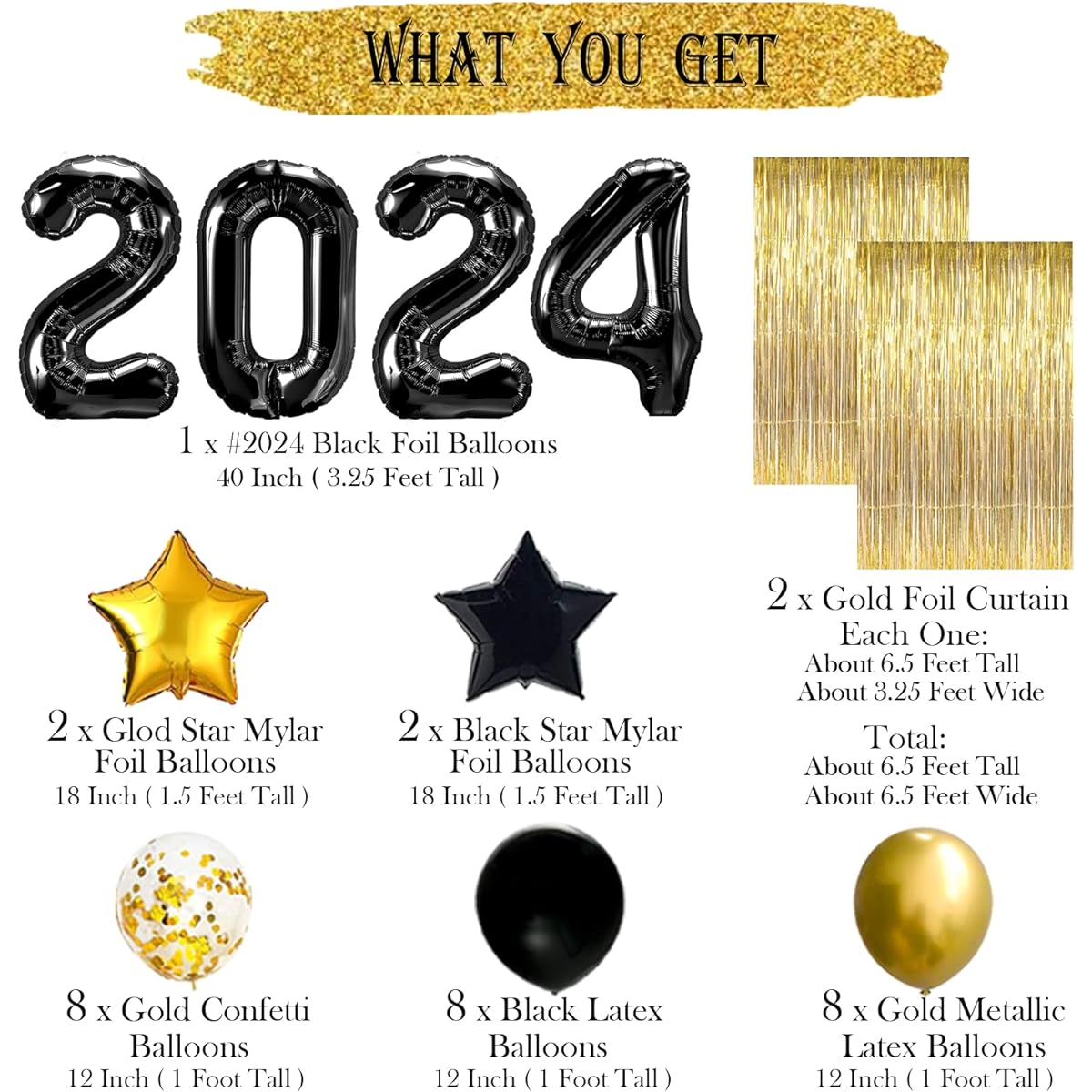 New Years Eve Party Supplies 2024 Black 2024 Balloons Gold and Black Balloons Set Gold Foil Curtain Gold and Black Stars Mylar Balloons New Years Eve Party Decorations Kit