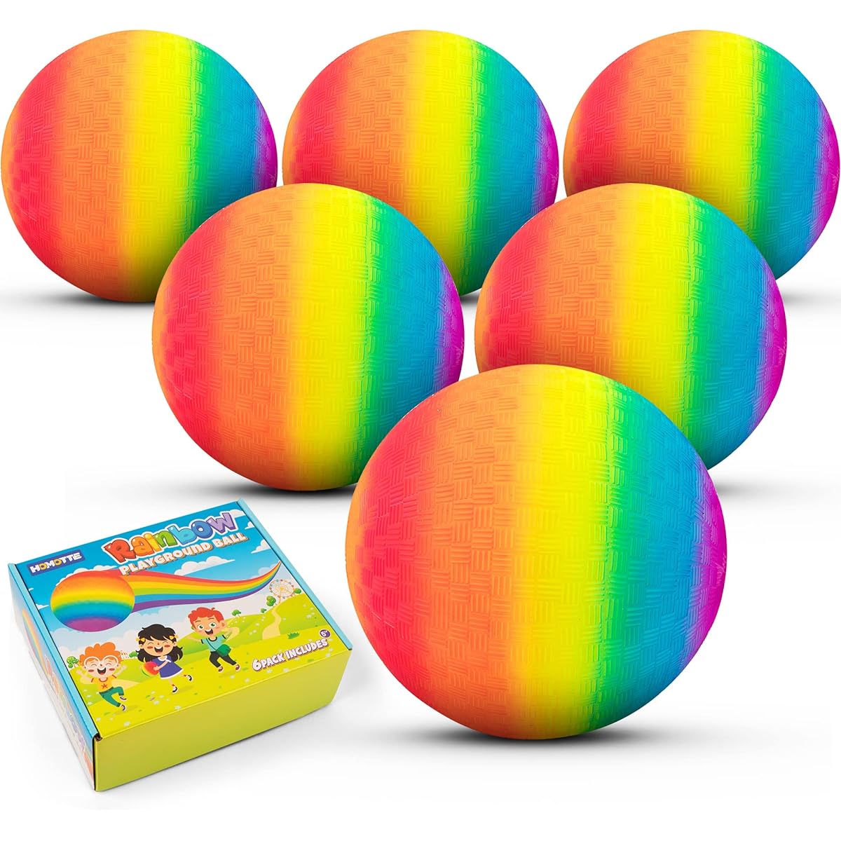 Homotte Rainbow Playground Balls for Kids 5 Inch Small Kickball Dodgeball Handball Set for Indoor & Outdoor Activities with Hand Pump 6 Pieces