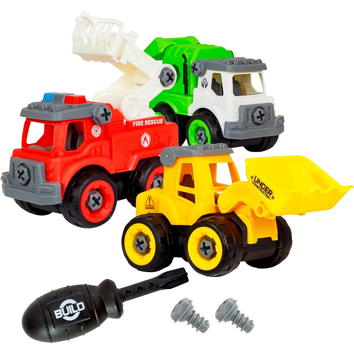 Flybar Power Gearz Take Apart Toy with Screwdriver and Screws - 3 Pack Truck Set for Boys and Girls - Fire Truck, Construction Truck, Garbage Truck Vehicle Set for Kids Ages 3-5
