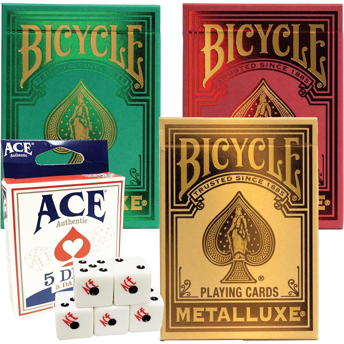 Bicycle Metalluxe Holiday Bundle | 3 Deck Full Collection | Gold, Green, Red Decks | Limited Edition Premium Series | Includes 5 x 16mm Ace Dice