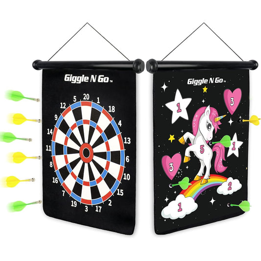 GIGGLE N GO MAGNETIC DARTBOARD GAME - Our reversible roll up kids dartboard set includes 6 safety darts, 2 dart game and is easy to hang anywhere - the ultimate indoor game