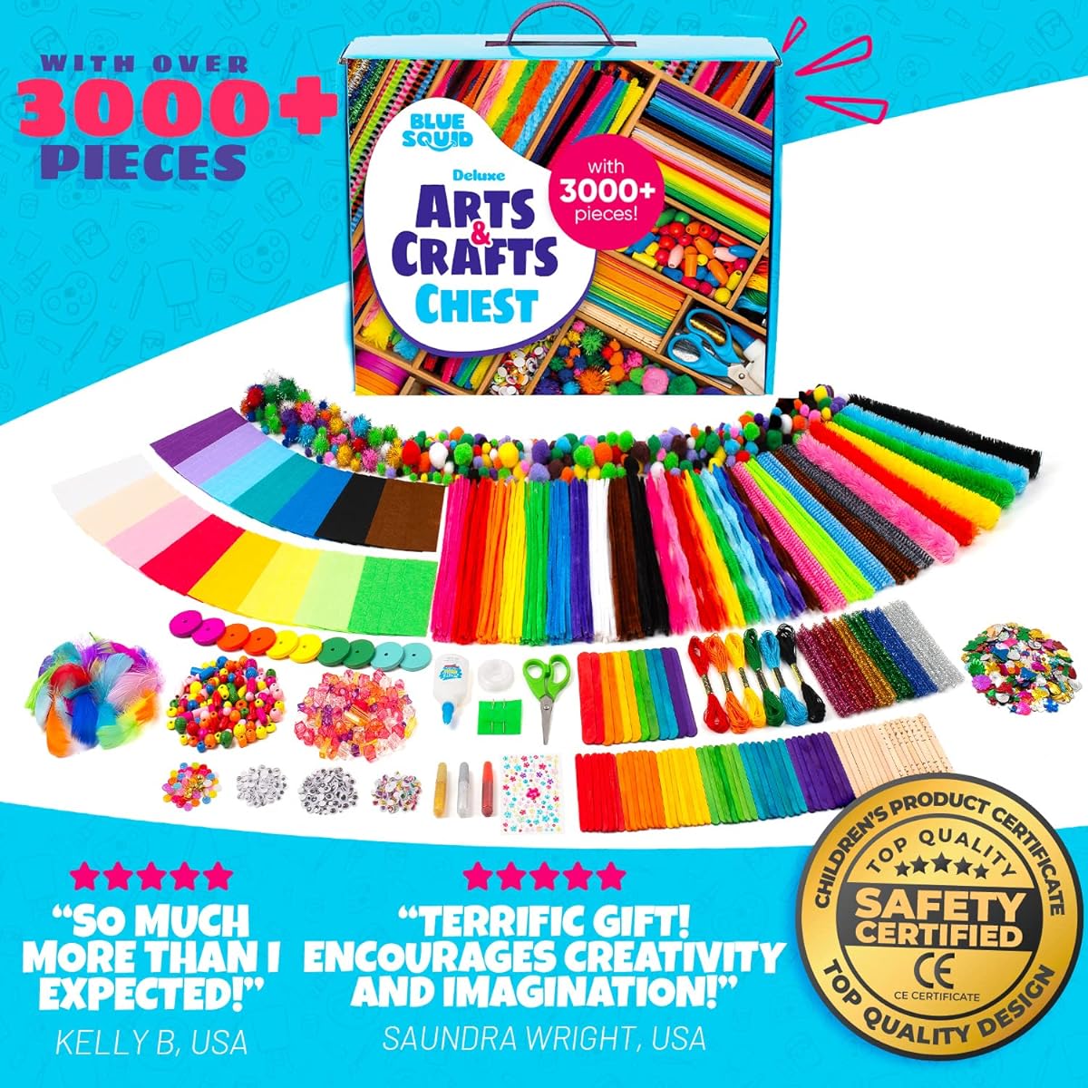 Blue Squid Arts & Crafts for Kids - *3000+ Piece Deluxe Craft Chest - Huge Craft Box Art Supplies for Kids - Craft Kit for Kids Ages 4-12