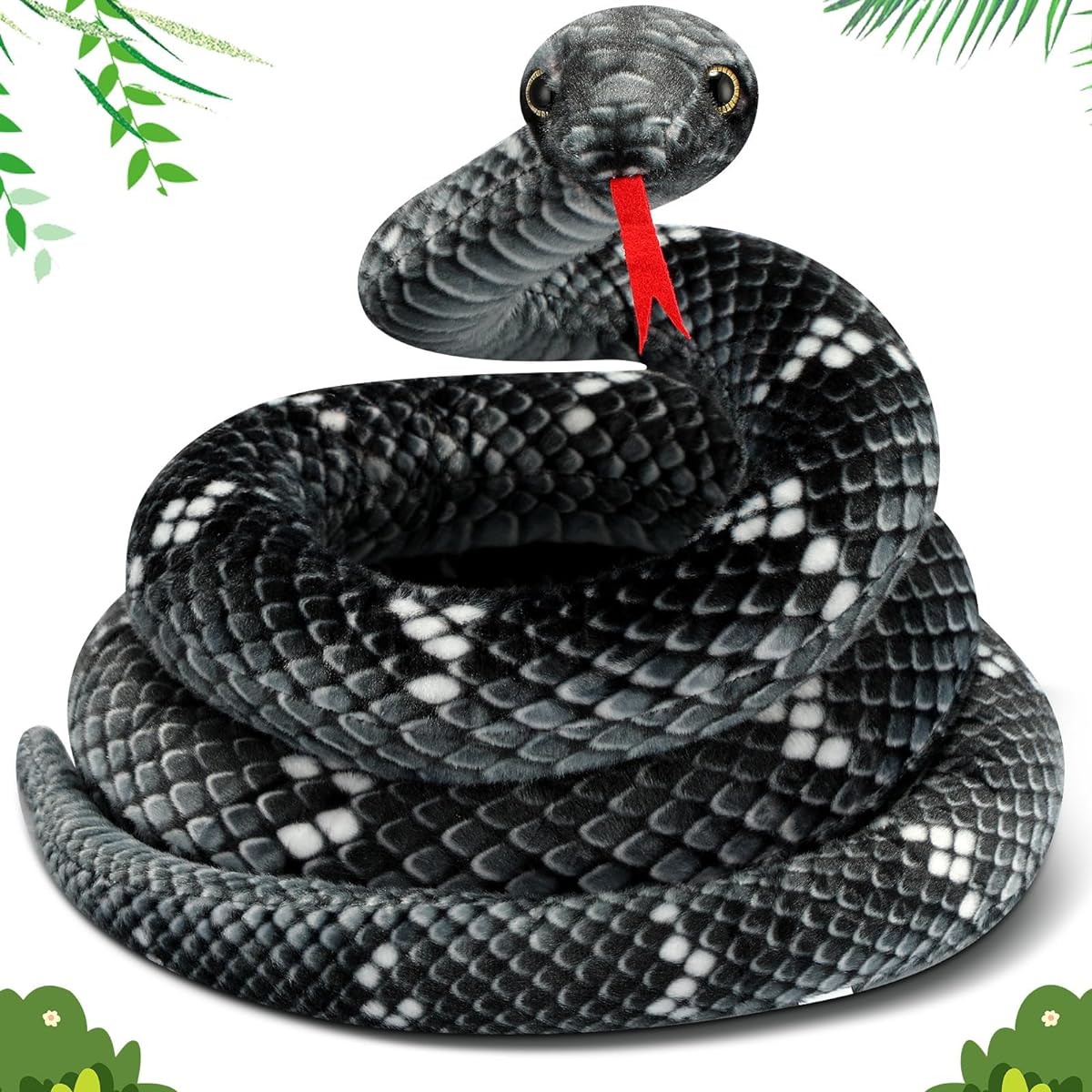Hiboom Giant Snake Stuffed Animal, Large Stuffed Snake, Realistic Snake Plush Toy, Lifelike Plush Snake Toy, Gift for Birthday Party and Prank Props (Black, Grey, 71 Inch)