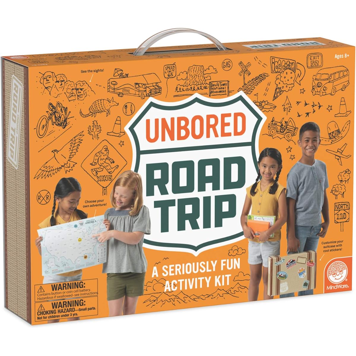 MindWare Unbored Activity Kit Road Trip Survival Kit with Games, Maps, Recipes, Tools for Long Family Road Trips