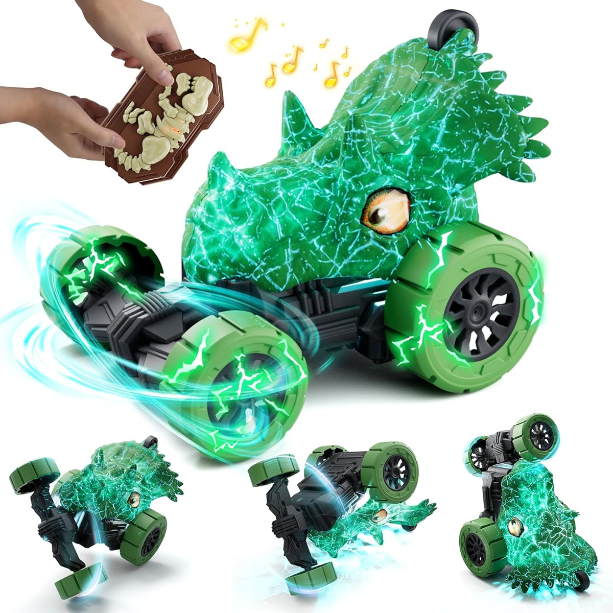 LOVE LIFE Remote Control Car RC Stunt Car Invincible 360° Rolling Twister with Colorful Lights & Music Switch Dinosaur Remote Control Car for 3 4 5 6 7 8 Years Kids Boys (Triceratops)