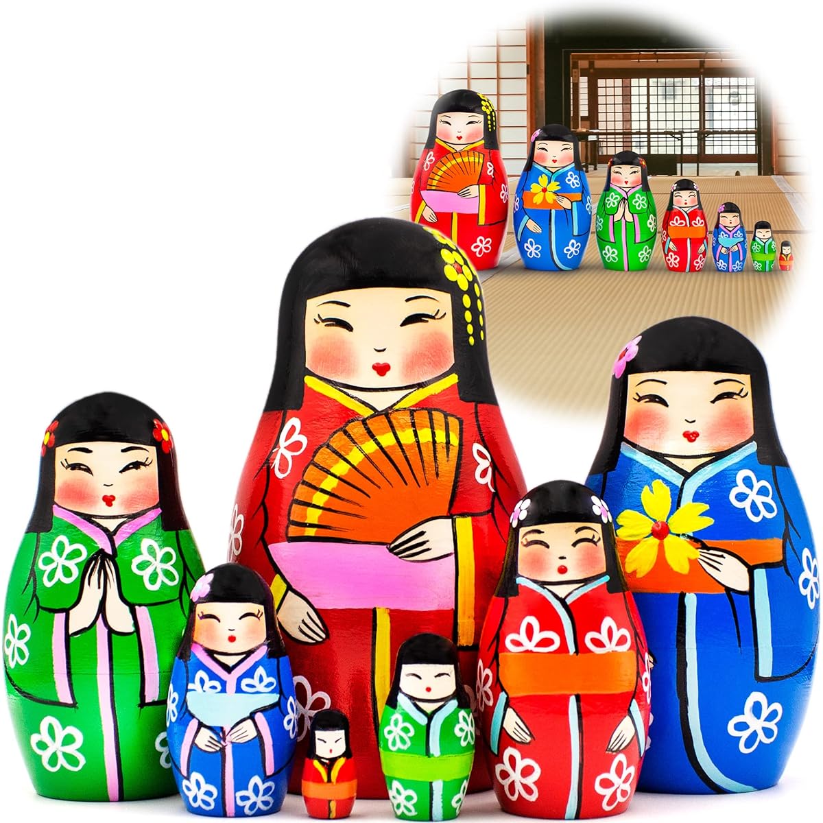 AEVVV 7 Piece Japanese Nesting Doll Set - Matryoshka Dolls Japanese Kimono - Wooden Kokeshi Dolls - Wooden Geisha Dolls - Daruma Dolls - Japanese Decorations