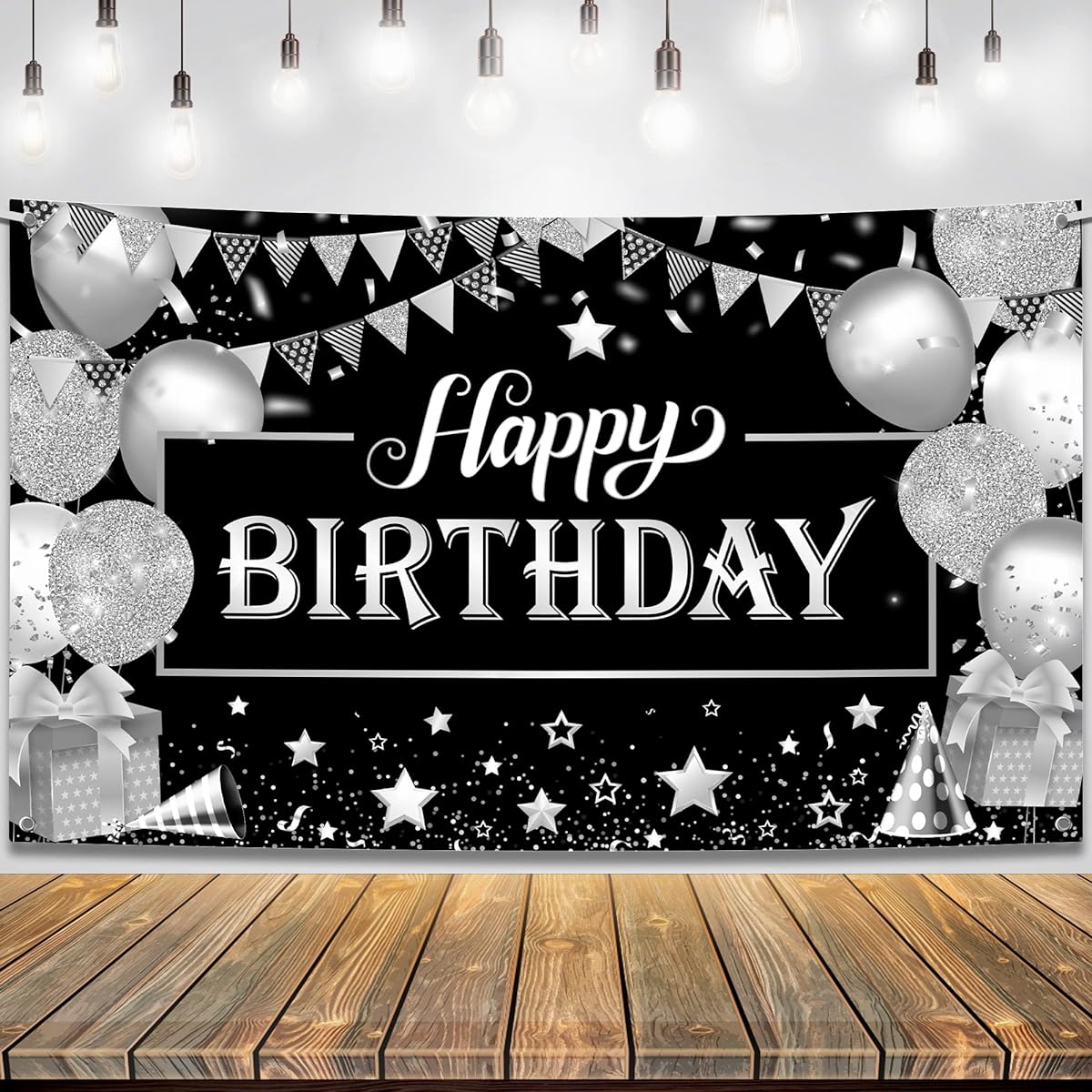 KatchOn Black & Silver Happy Birthday Banner - 72x44 inches | Silver Birthday Banner for Men | Happy Birthday Wall Banner for Happy Birthday Decorations | Black & Silver Birthday Banner for Girls
