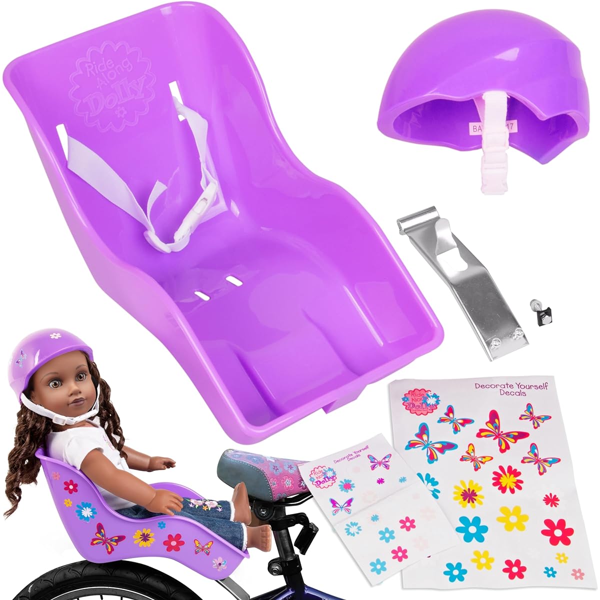 Doll Bike Seat and Helmet Purple for American Girl or 18" Dolls - Both Come with Decorate Yourself Decals Stickers DIY Kids Bike Accessories