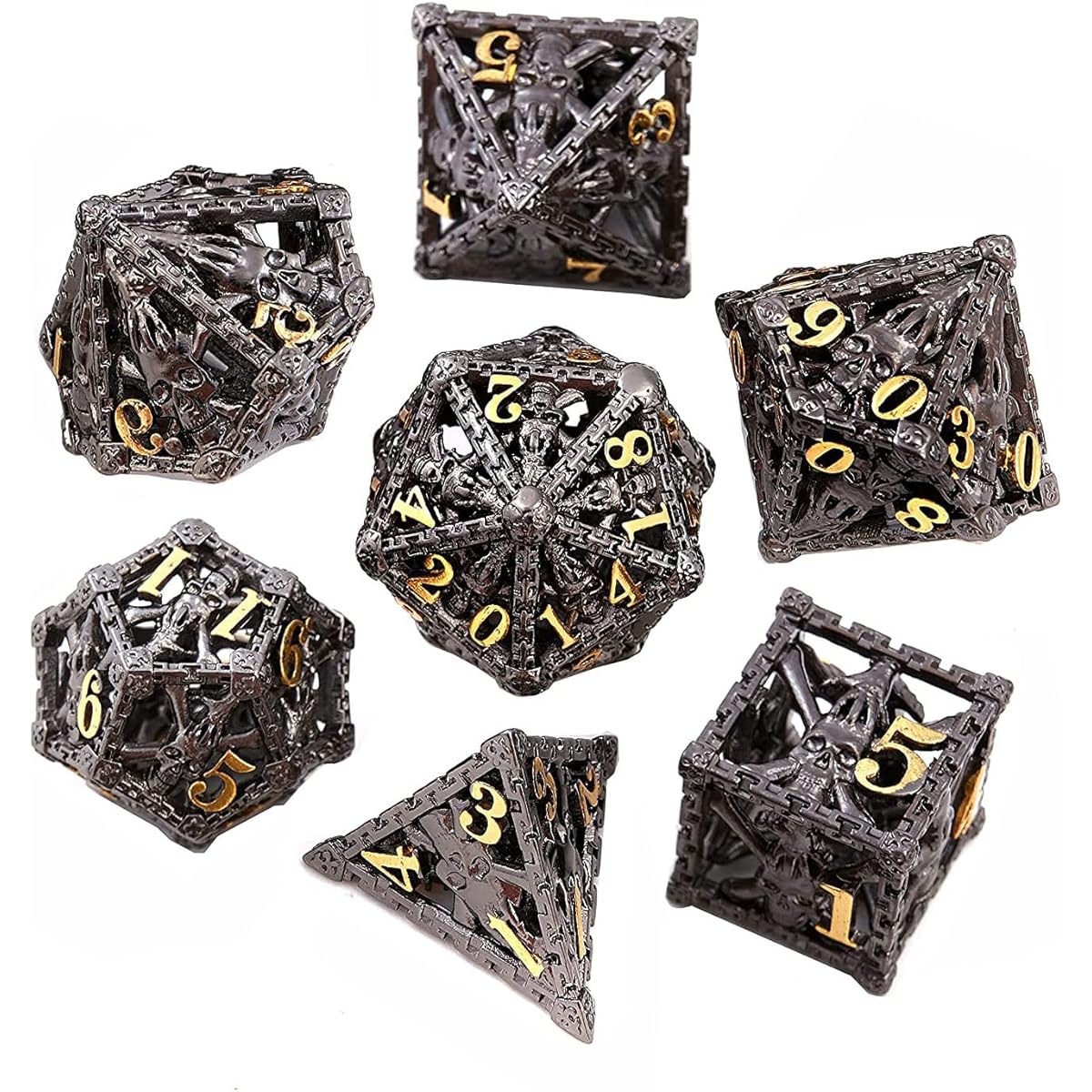 DND Dice Set Polyhedral Dice Skull Hollow Metal Dice Dungeons & Dragons Role Playing Game PCCECQEE 7 Piece Dice D&D Set Collection Gift (Black)