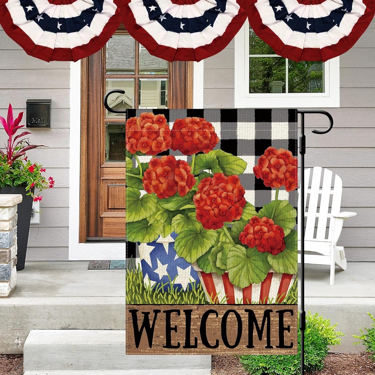 DLZDN Welcome 4th of July Geranium Patriotic Garden Flag 12x18 Inch Vertical Double Sided Red Flower Garden Outdoor Decoration Memorial Day Independence Day Garden Flag Farmhouse Outdoor Garden Flag