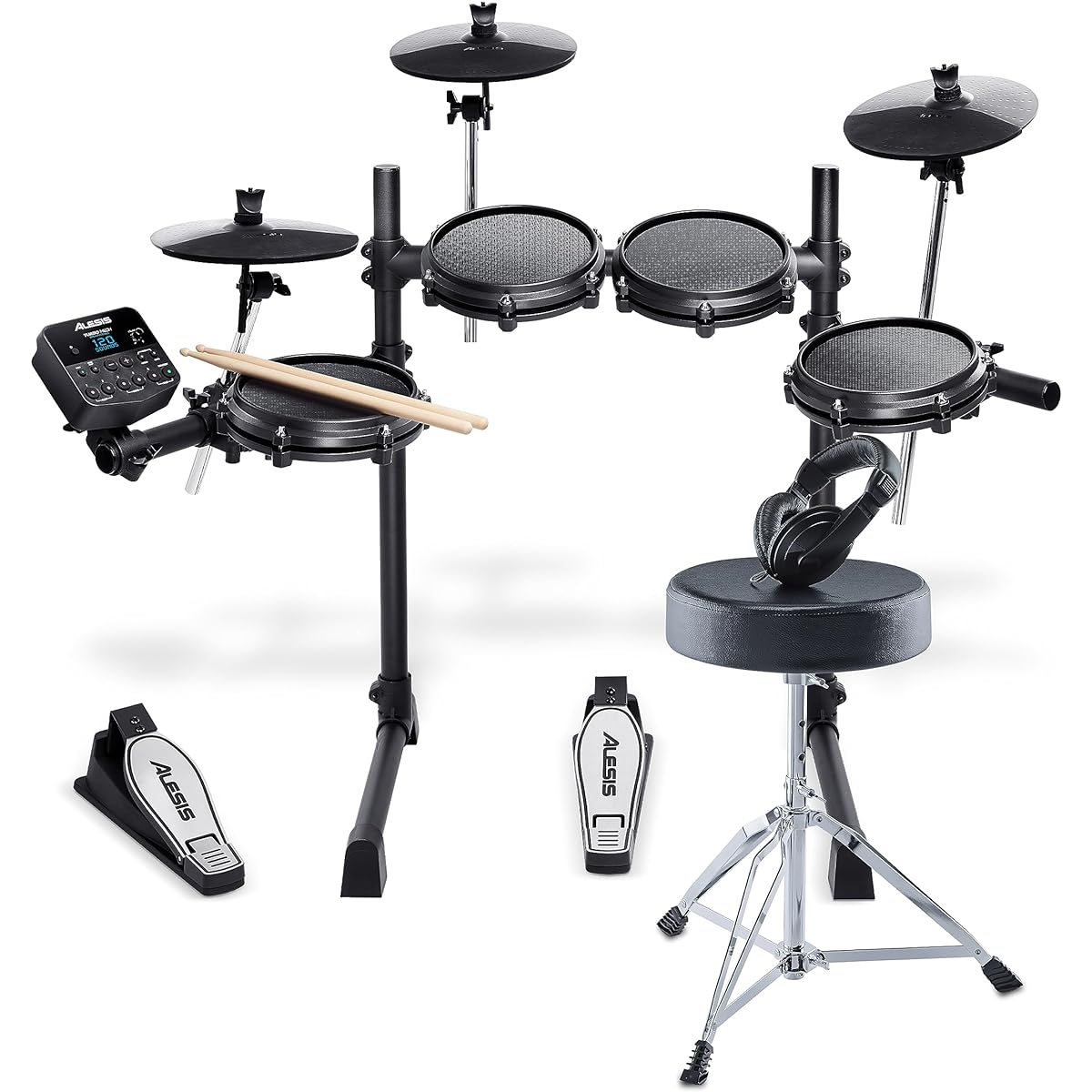 Alesis Electronic Drums, Mesh Head, 7 Pieces, 3 Cymbals, Over 100 Sound Sources, 30 Demo Songs, Drumsticks, Chair, Headphones, Japanese Instruction Manual, Drums Turbo Mesh Kit Bundle