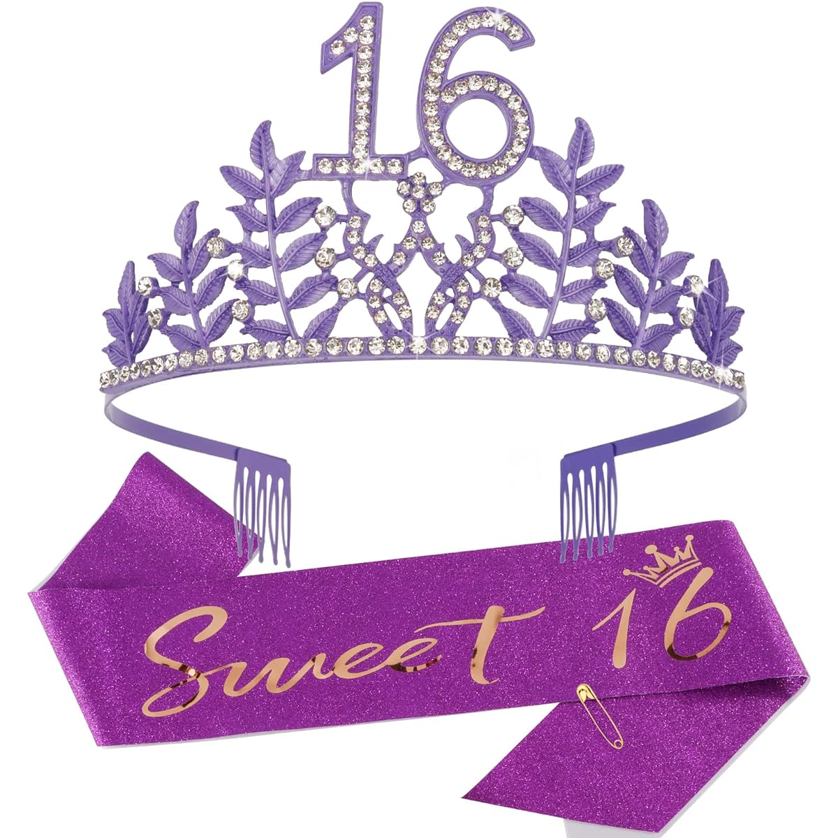 Sweet 16 Crown and Sash Set, Sweet 16 Birthday Decorations Purple, 16th Birthday Gifts for Girls, 16th Birthday Sash and Tiara, Birthday Sash and Crown, Girl's Birthday Sash and Crown, Birthday Girl Crown, Happy 16th Birthday Party Supplies, Cake Topper