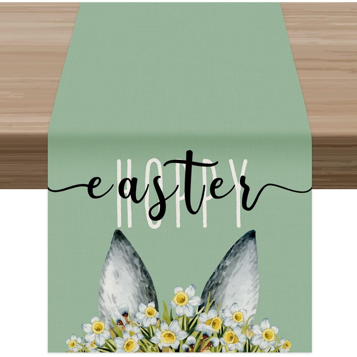 Celepaty Cute Bunny Ears Daffodil Green Hoppy Easter Table Runner Spring Easter Holiday Home Kitchen Dining Table Runner Decor 72" Long