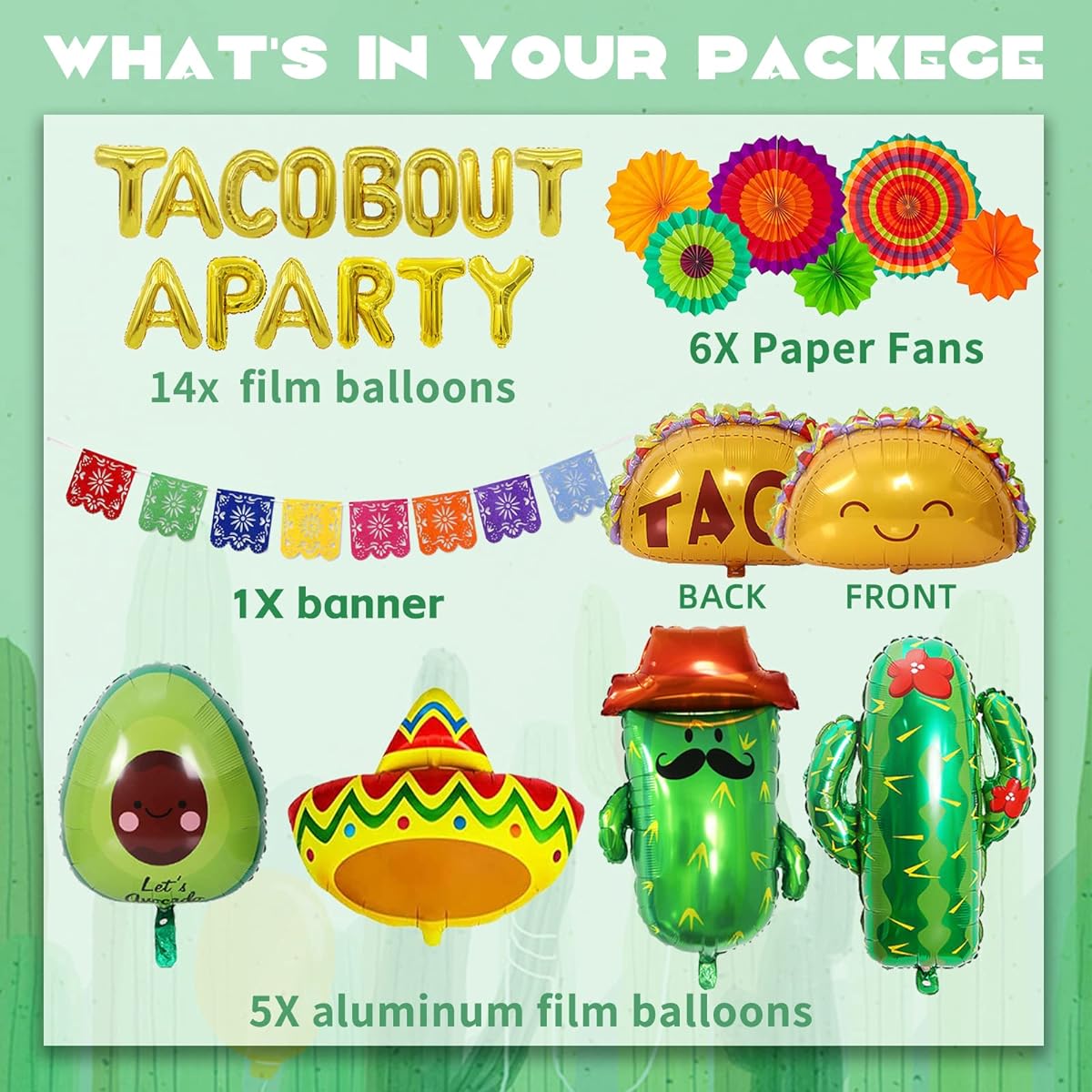 26pcs Taco Party Decorations Fiesta Party Decorations with Paper Fans Fiesta Banner Taco Cactus Avocado Sombrero Foil Balloons Mexican Party Decorations Taco Party Decorations