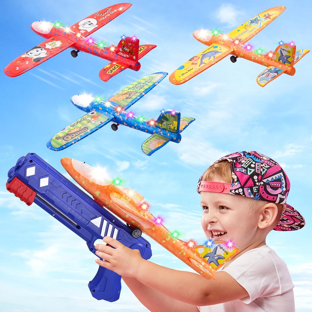 MAMPO Launcher Aircraft Toy 3 Pack Outdoor Catapult Foam Planes with Stickers Birthday Gift for 3 4 5 6 Year Old Kids