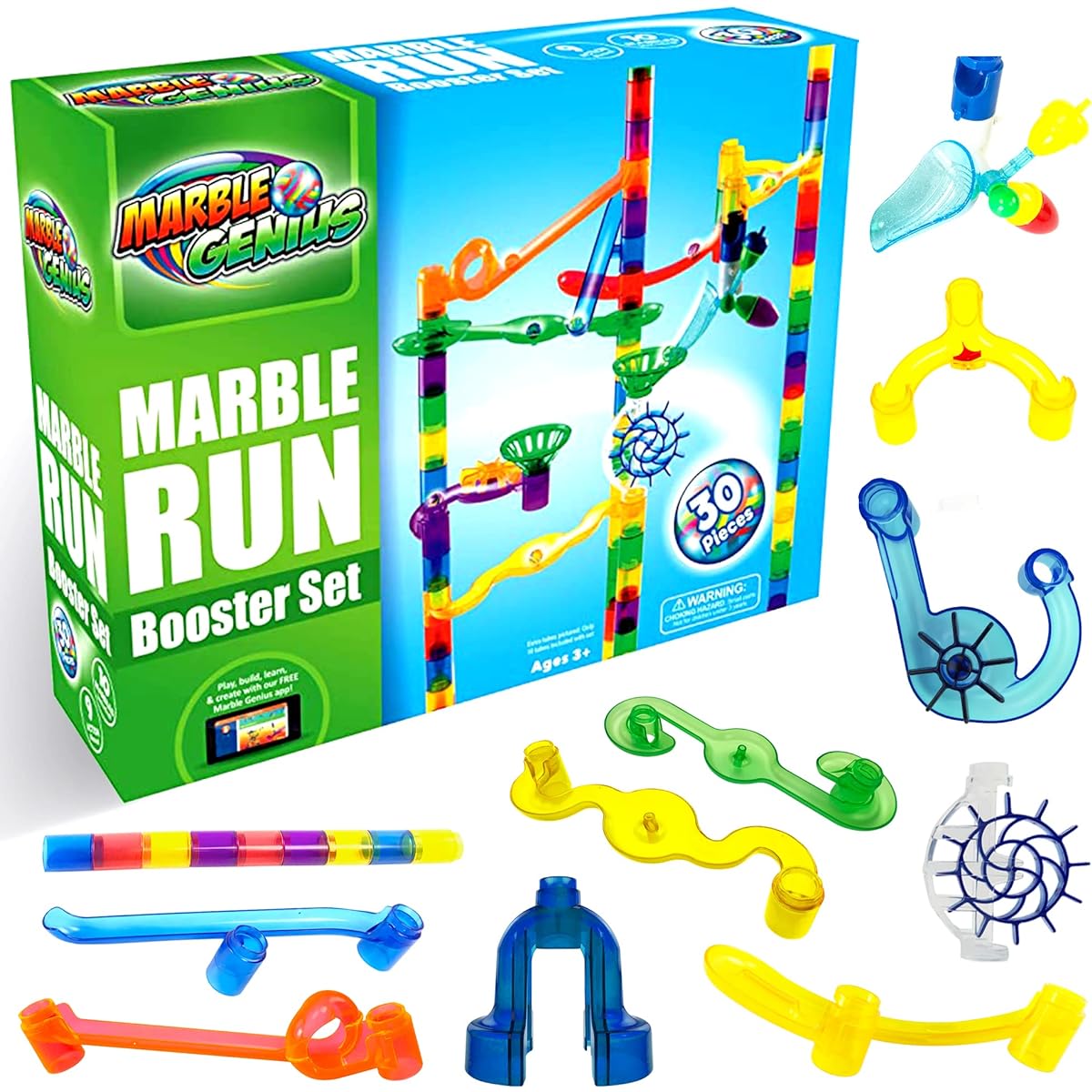 Marble Genius Marble Run Booster Set - 30 Total Pieces with 10 Action Pieces - Building Blocks Toy for Ages 3+ - Instructions for Accessing the App - Add-on Set - Original