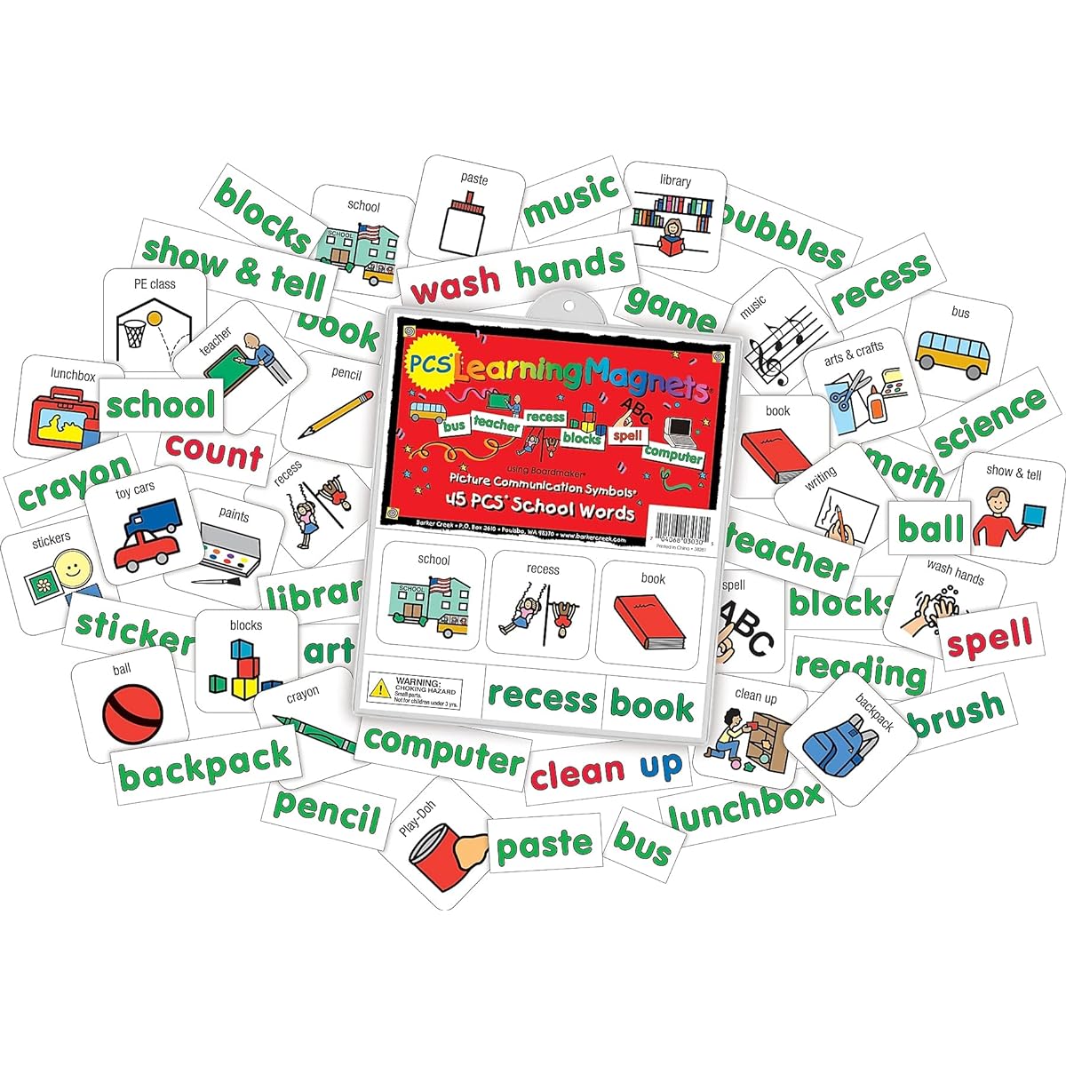 Barker Creek Learning Magnets 45 School Words - Includes 45 Picture Communication Symbol Magnets Representing Words Used in Schools and 90 Companion Word Magnets - 180 Magnets (3030)