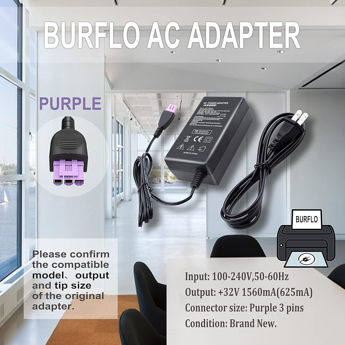BURFLO 32V 1560mA 0957-2105 AC Adapter 0957-2269 for HP Photosmart B210 C7250 C7280 C5180 Officejet 2620 4500 6000 6500 7500A Deskjet 684 0 6944 0 All-in-one Printer 0957-2286 power cord cable