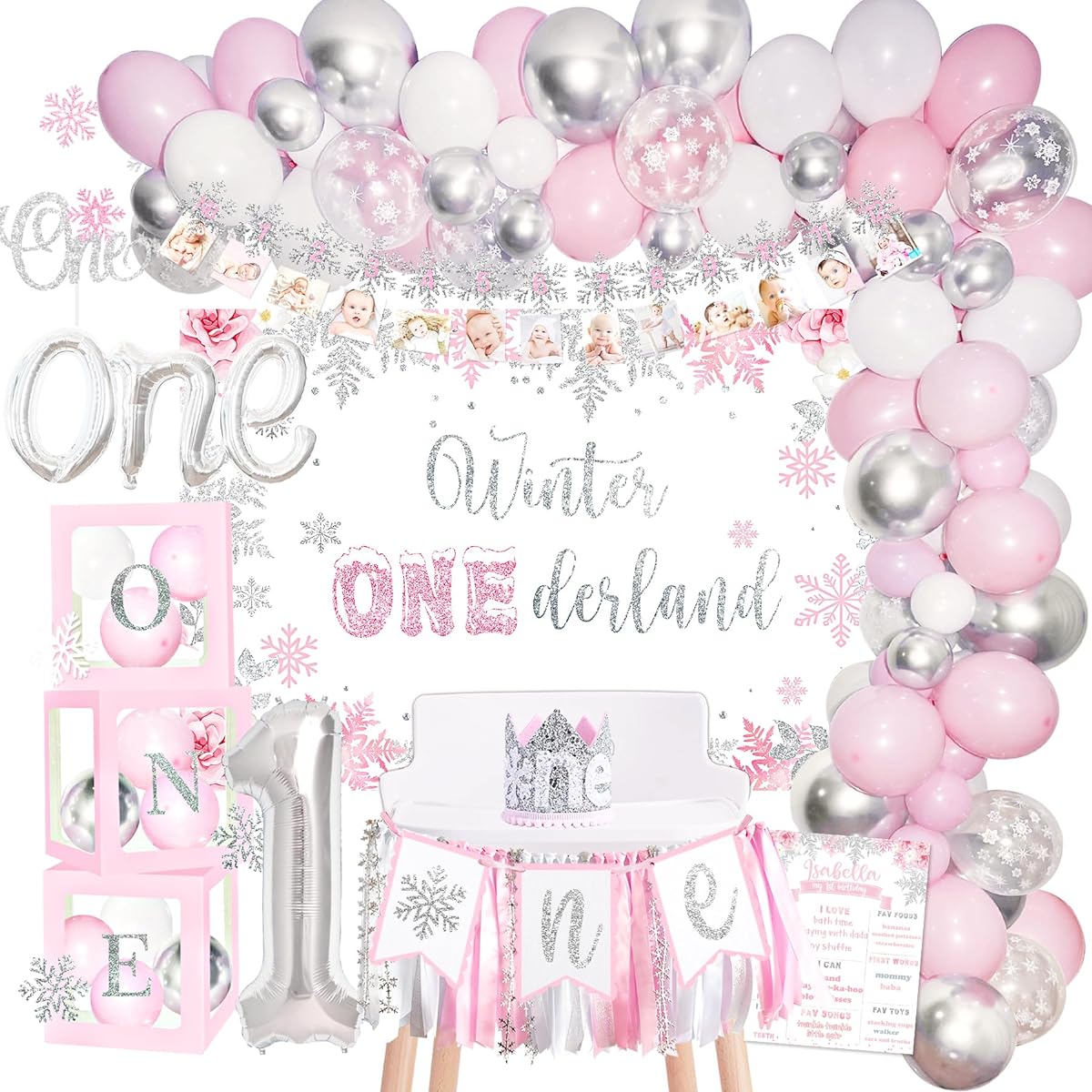 Winter Onederland Birthday Decorations, Winter Wonderland 1st Birthday Decorations for Girls, Winter Wonderland First Birthday Decor, Snowflake Photo Banner, Highchair Banner, Balloons, Garland, Balloon Box
