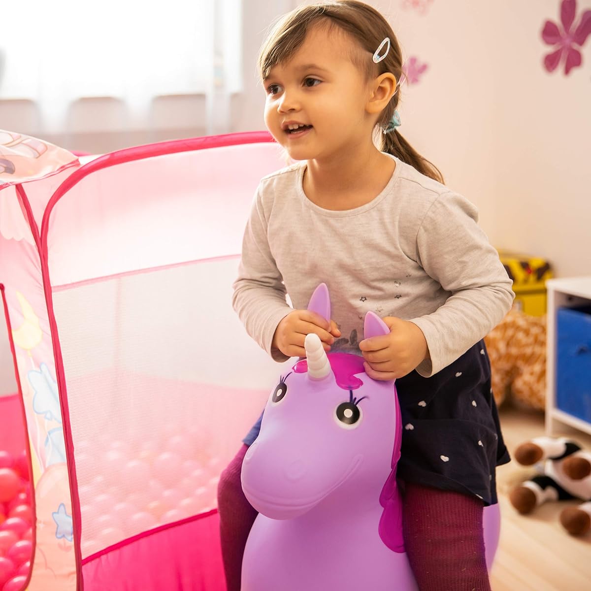 Relaxdays 10024989_52 Hopping Unicorn with Air Pump, Maximum 50kg, BPA Free, Space Hopper, Pink, Height x Width x Depth: Approx. 52 x 26 x 62cm