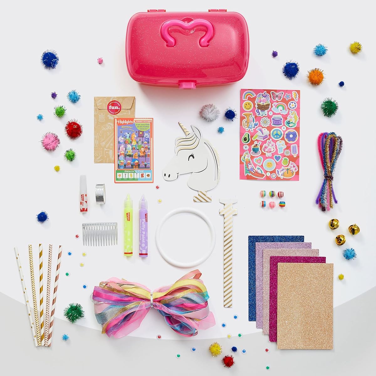 Highlights Ribbon and Unicorn Craft Kit for Kids - 3 Crafts in 1 - Make a Unicorn Wand, Ribbon Hoop, and Hair Comb - Includes Reusable Carrying Case - Ages 6+