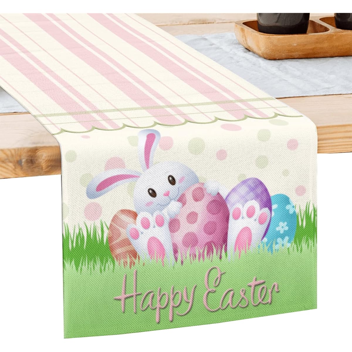 Easter Table Runner Cute Bunny Happy Easter Runner Pink and Green Burlap Spring Dresser Cover Farmhouse Table Decor for Home Party 13x72" Long (Cute Bunny, 13x72")