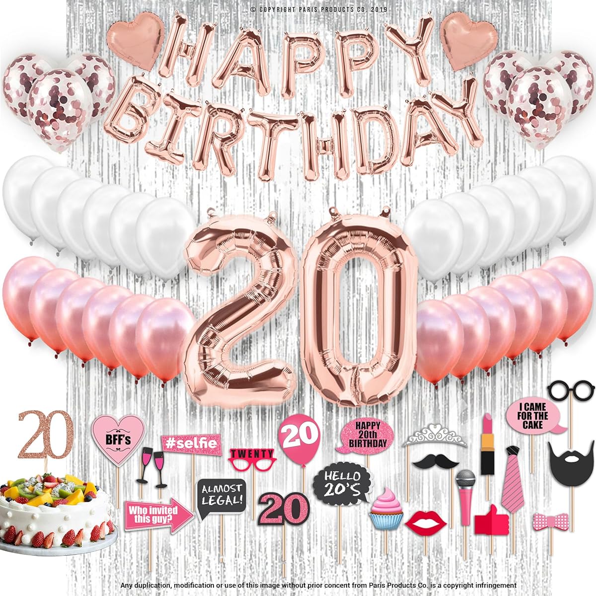 PARIS PRODUCTS 20th Birthday Decorations for Women, 20th Girl Gifts, 20th Birthday Sash, Cheers to 20th Birthday, 20th Birthday Cake Topper, 20 Balloons, 20th Birthday Gifts, 74 Pieces