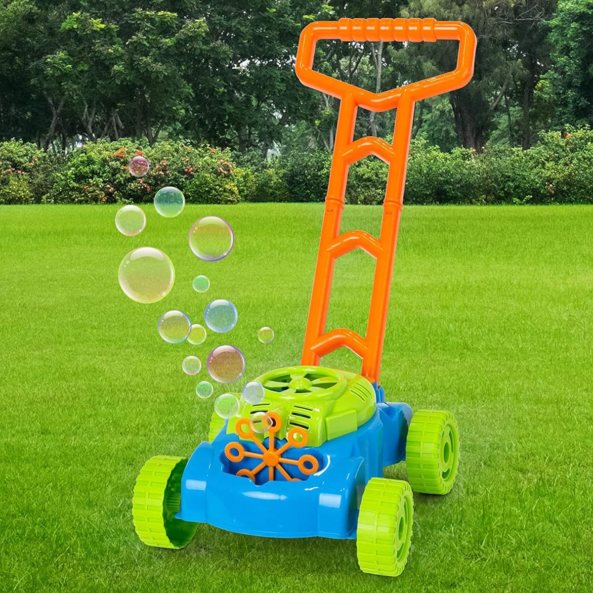 JMe Bubble Machine Toy - Automatic Bubble Blower Lawn Mower and Bubble Refill Bottle - Over 1000 Bubbles Per Minute Portable Bubble Maker for Kids Toddler Boys Girls Requires 3 AA Batteries