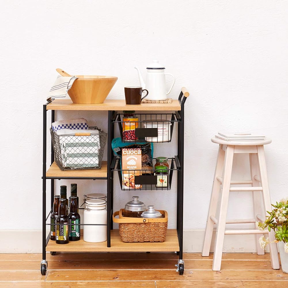 Shirai Sangyo Kitchen Wagon Stocker with Casters Natural Brown Width 69.2 Height 84.8 Depth 44.5cm RNT-8570W Rinatura