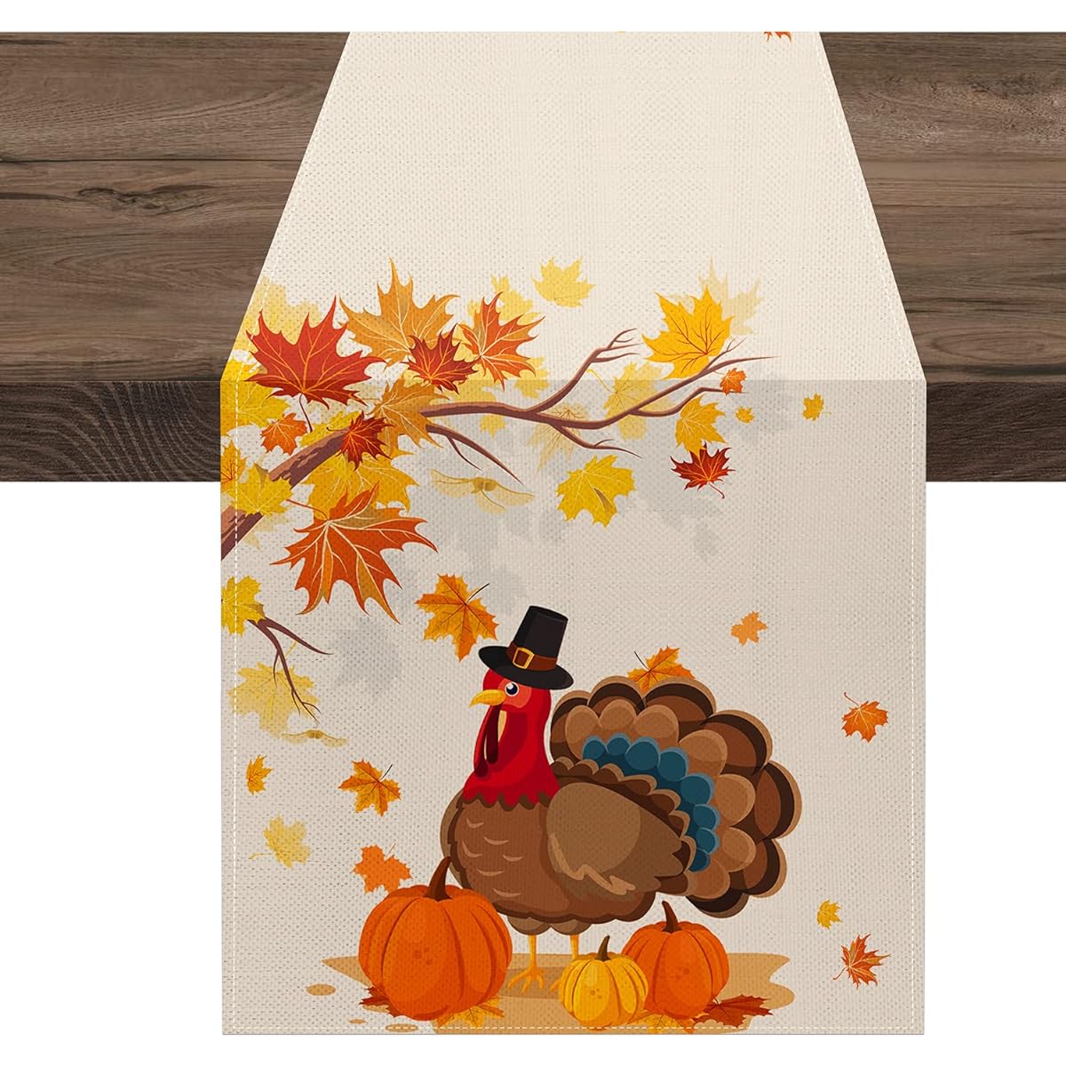 Fall Table Runner 48 Inch Length Turkey Pumpkin Leaf Table Runner Thanksgiving Holiday Floral Decoration for Party Fall Rustic Farmhouse Decor for Kitchen Dinner Home Dining Table