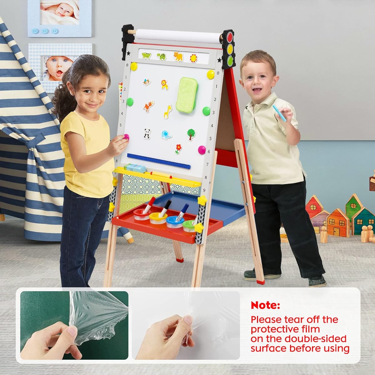 Kids Art Easel Foldable Wooden Easel 3 in 1 Kids Easel with Paper Roll Adjustable Height Chalkboard & Whiteboard Kids Toddler Birthday Holiday Gift