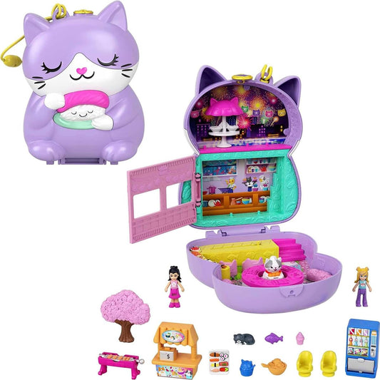 Polly Pocket Cat Restaurant Playset, Sushi Restaurant Decor with 2 Mini Polly Figures and Her Friend and 12 Accessories, Children's Toy, Ages 4 and Up, HCG21