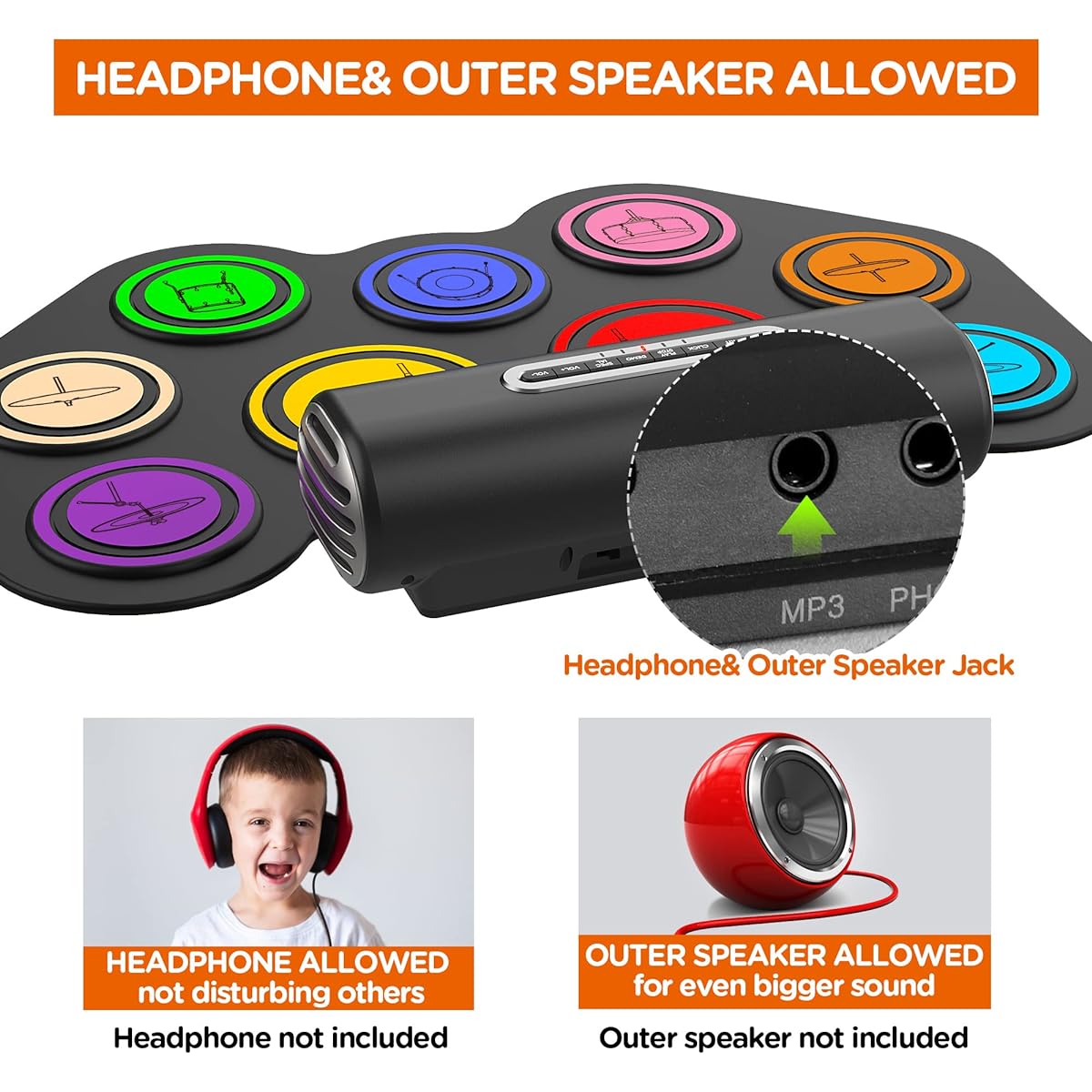 ORASANT 9 Pads Real Effects Rechargeable Portable Electronic Drum Set with Icons Roll-up Practice Drum Pad Electric Drum Pad with Speaker/Headphone Jack/Pedal 12 Hour Playtime Christmas Gift