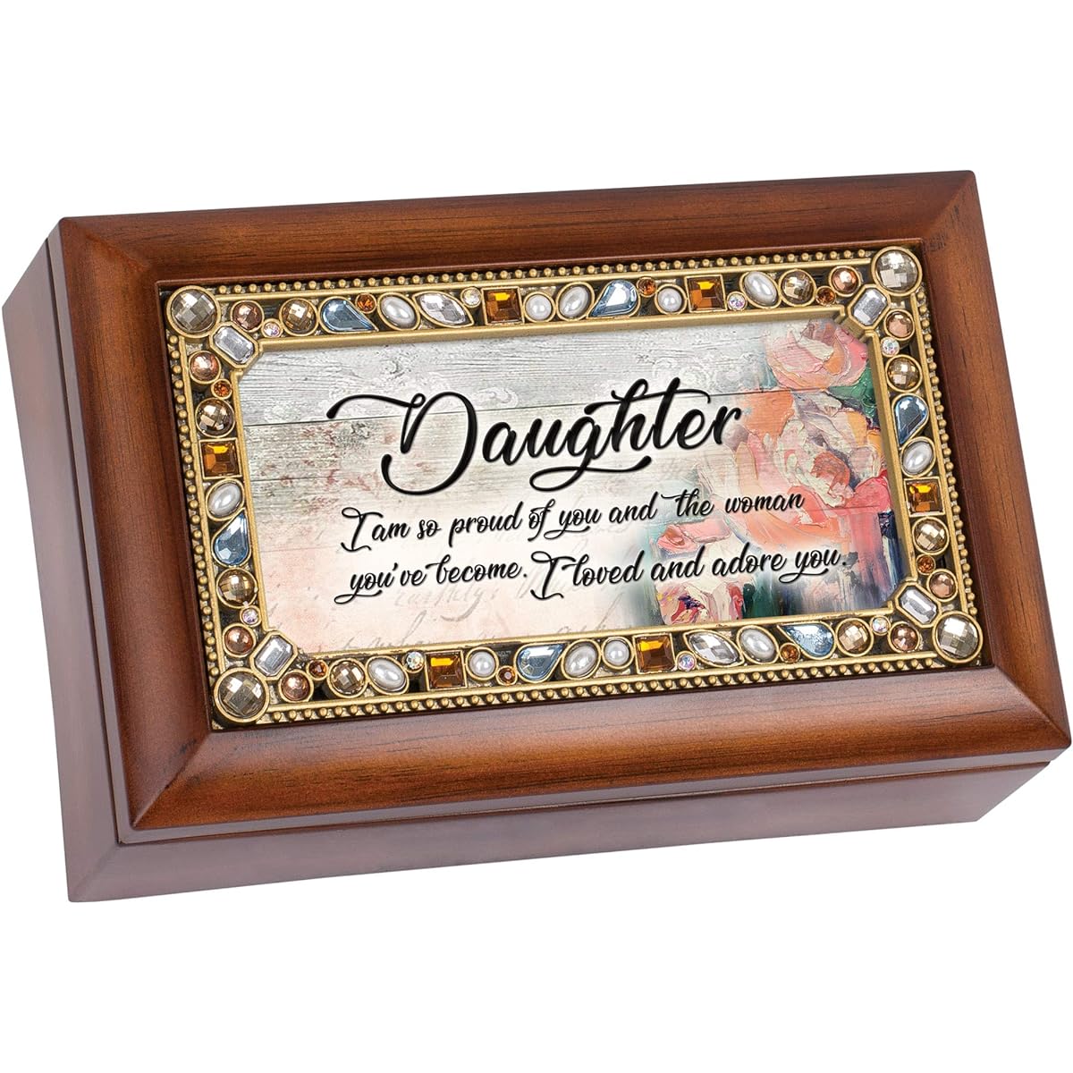 Cottage Garden Daughter So Proud of You Love Woodgrain Jeweled Small Music Box Playing a Wonderful World