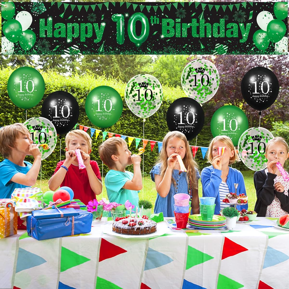 Green 10th Birthday Decorations for Boys Girls Green Black 10th Birthday Banner 10th Birthday Balloons for 10th Birthday Anniversary Party (Green 10 Years Old)
