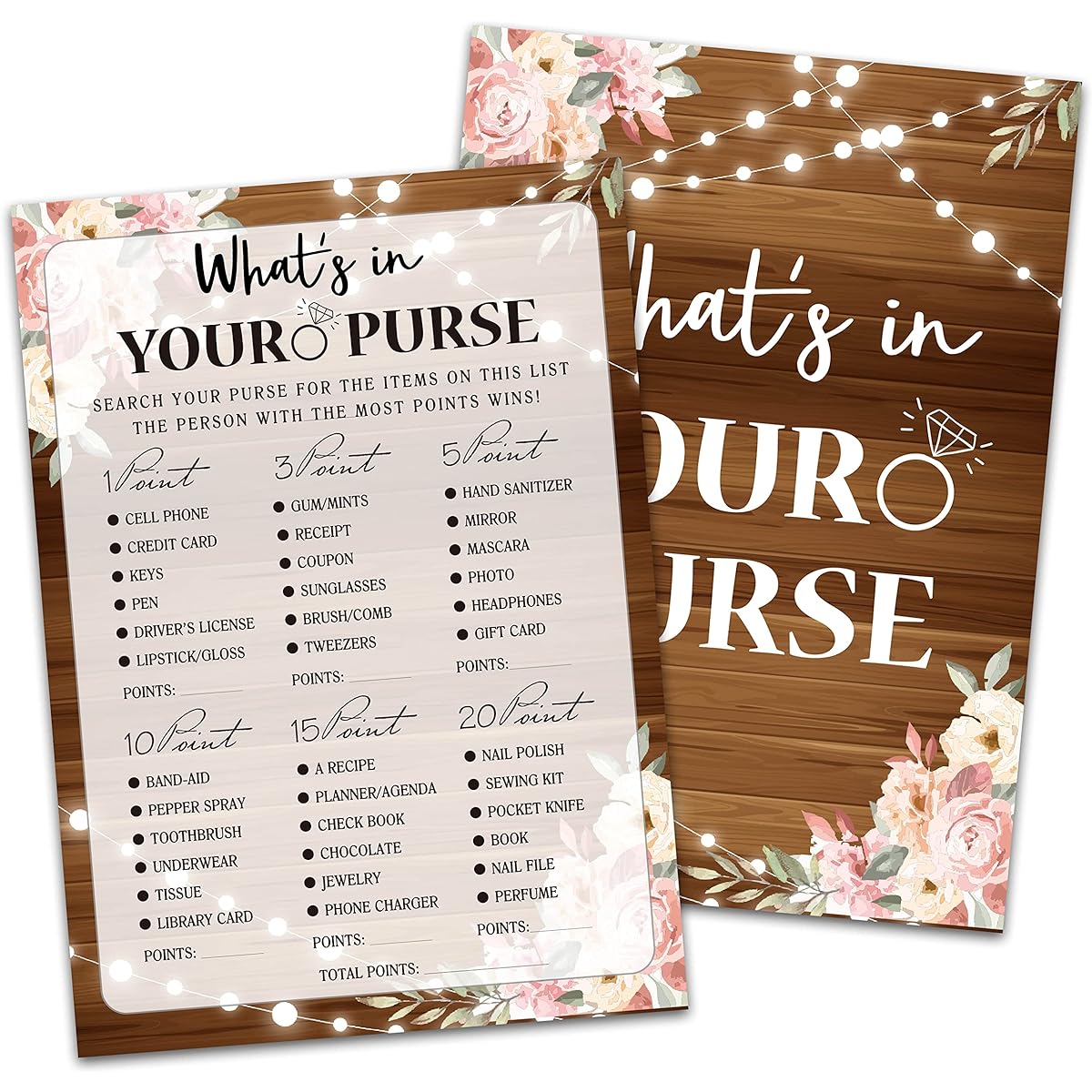Bridal Shower Game Cards What's In Your Purse Game, Rustic Wooden Pink Floral Engagement Party Cards for Weddings Set of 30 (Brown) 011)