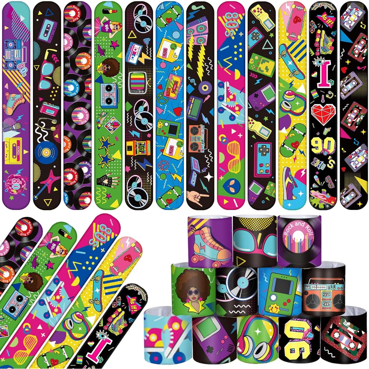 60 Pieces 80's 90's Party Favors Slap Bracelets 80's 90's Wristband Bracelet Goodie Bag Filler Throwback 80's 90's Hip Hop Retro Birthday Decorations Supplies for Kids Adults