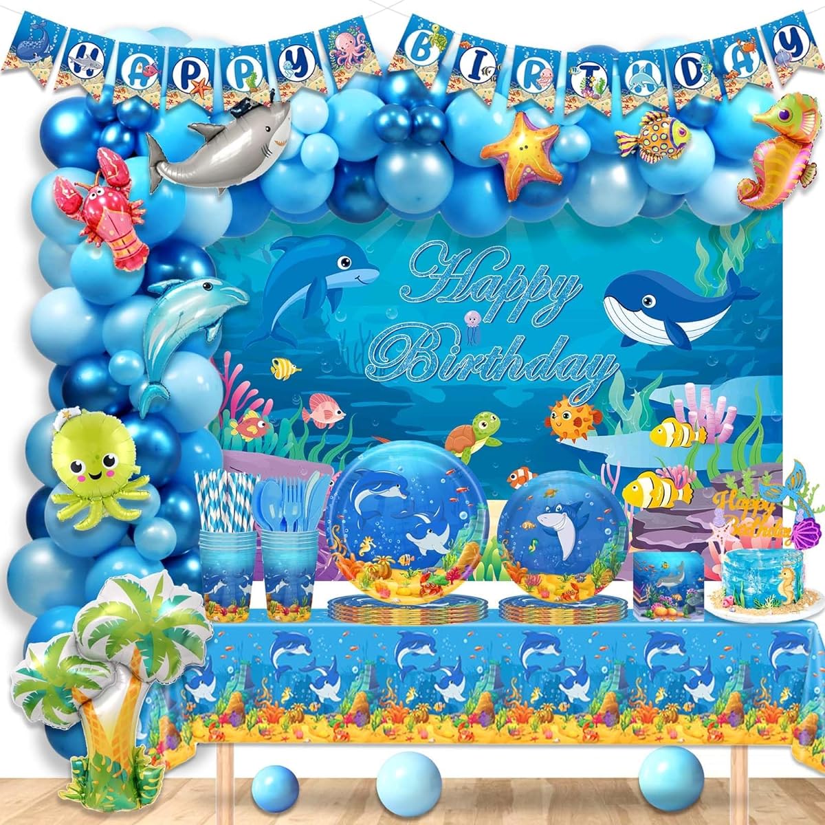 Hombae Undersea Party Decorations 228 Pieces Sea Theme Birthday Party Supplies Backdrop Balloon Garland Banner Tablecloth Cake Topper Plate Napkin Cup Straw Knife Spoon Fork Shark Octopus