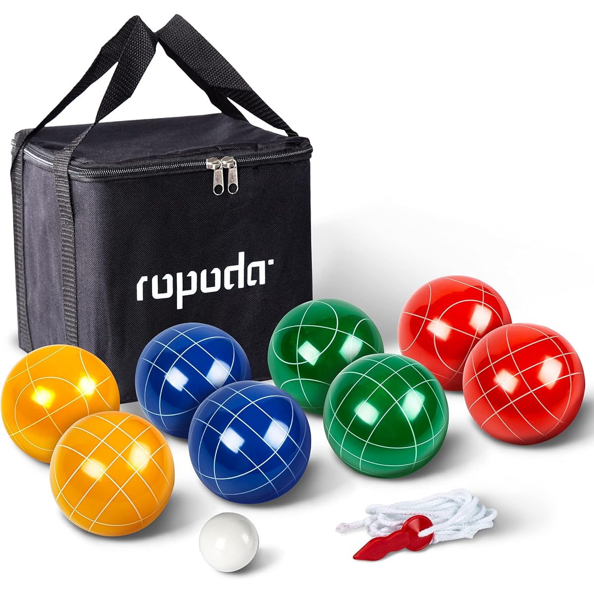 ROPODA 90mm Bocce Ball Set with 8 Balls, Pallino, Case and Measuring Rope for Backyard, Lawn, Beach and More (Bocce Ball Set for 4-8 Players)
