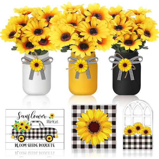 12 Piece Tiered Tray Decor Set Kitchen Decor Farmhouse Wooden Sign Wedding Mason Jar Wooden Centerpiece Decorative Tray Spring Summer Home Tabletop Display Festival Decoration (Sunflower)