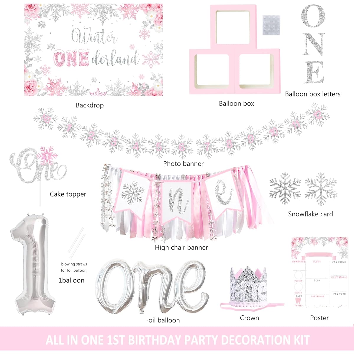 Winter Onederland Birthday Decorations, Winter Wonderland 1st Birthday Decorations for Girls, Winter Wonderland First Birthday Decor, Snowflake Photo Banner, Highchair Banner, Balloons, Garland, Balloon Box