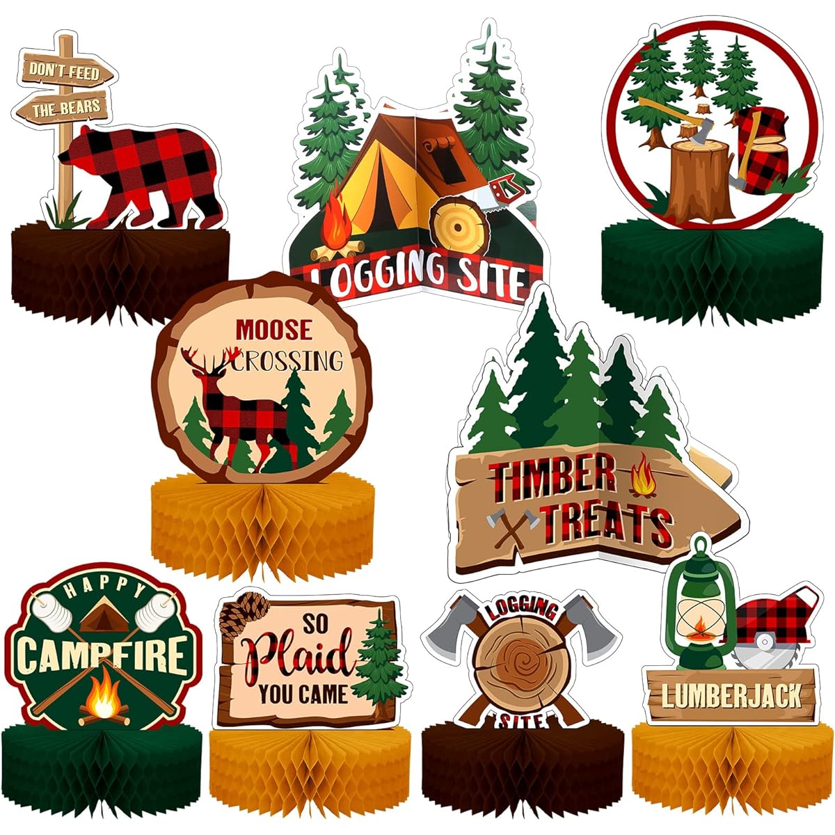 Lumberjack Honeycomb Centerpiece Camping Winter Party Supplies Big Buffalo Plaid Table Topper Lumberjack Party Decorations for Camping 3D Double Sided Table Decoration Photo Booth Props 9 Pieces