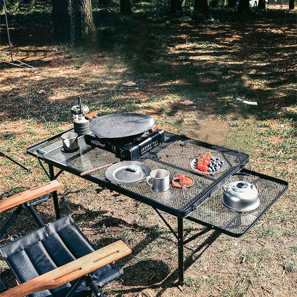 RUNCTY Camping Table Mesh Outdoor Table with Side Table Heat Resistant Folding Low Table Lightweight Compact BBQ Table Aluminum Load Capacity 50kg BBQ Climbing Camping Equipment Portable (Black)